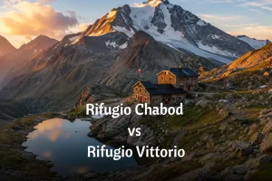Scenic alpine landscape of Gran Paradiso mountain huts overlooking a glacial lake at golden hour, with rugged rocky slopes, snow-covered peaks, stone refuges, and dramatic sunset light illuminating the summit route in the Italian Alps.