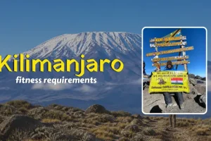 Kilimanjaro fitness requirements trekker hiking Mount Kilimanjaro trail with summit view