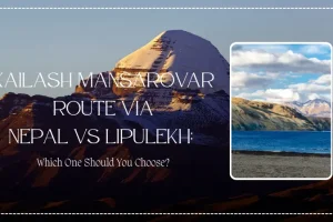 A panoramic view of Mount Kailash rising above the Tibetan Plateau under a dramatic blue sky, symbolizing the sacred destination of the Kailash Mansarovar Yatra. The image represents a comparison between the Nepal and Lipulekh Kailash Mansarovar route options, highlighting the spiritual journey to Mount Kailash and Lake Mansarovar for pilgrims seeking the best Kailash Mansarovar route in 2026.