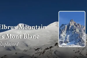 Elbrus Mountain covered in snow under a clear blue sky in the Caucasus Mountains, recognized as Europe's highest peak.